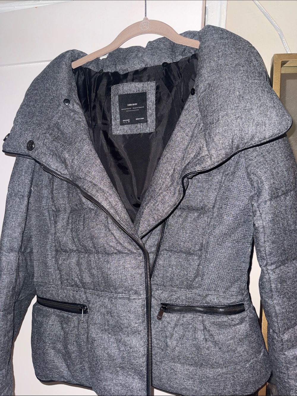 Zara Heather Gray Quilted Puffer Coat with Funnel Collar